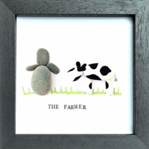 Handmade Pebble Art Frame of a Farmer and Cow